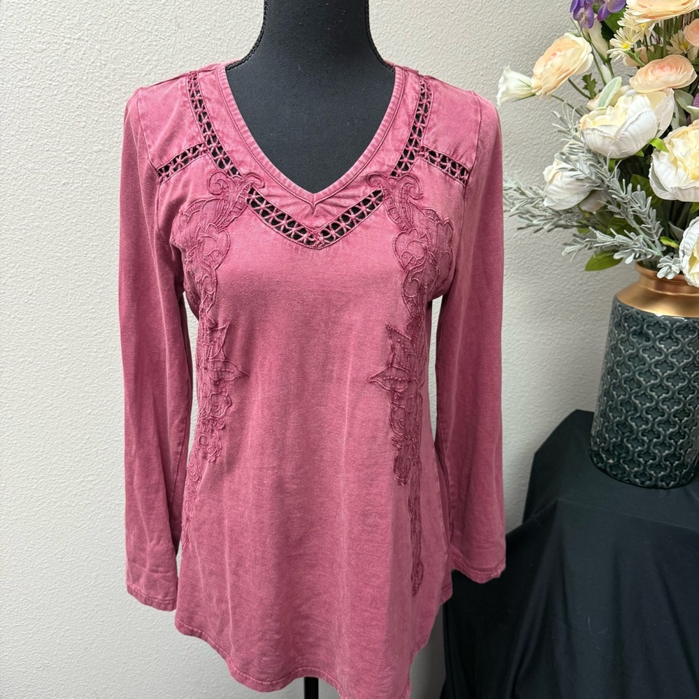 Soft Surroundings embroidered pink tunic top with crochet trim long sleeves S
